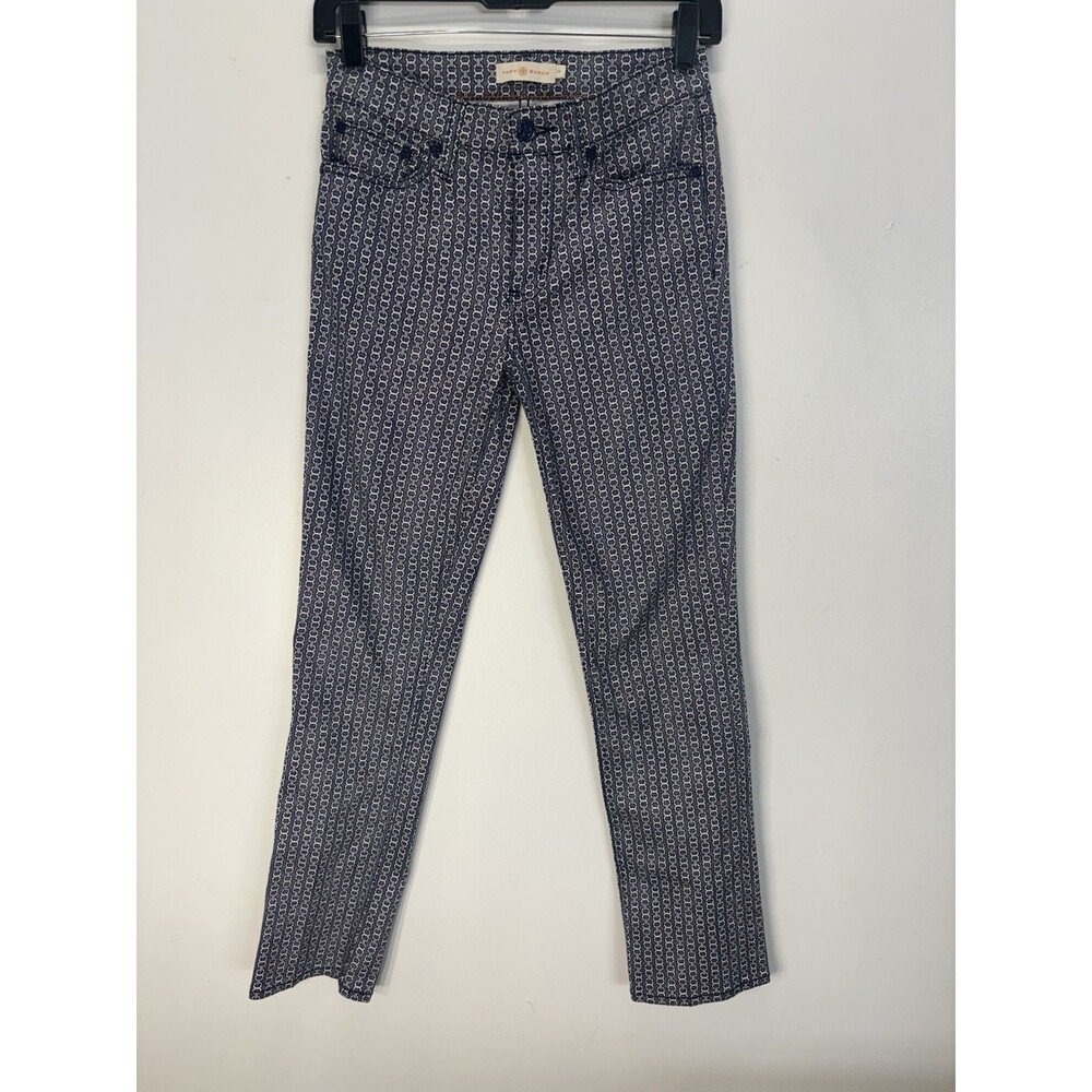 Tory Burch Pannier Cropped Straight Leg Jeans  Ivory/Midnight Navy Gemini 24